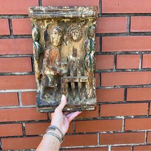 Polychrome Bas Relief Art Sculpture 3D Wood Religious Old World Primitive